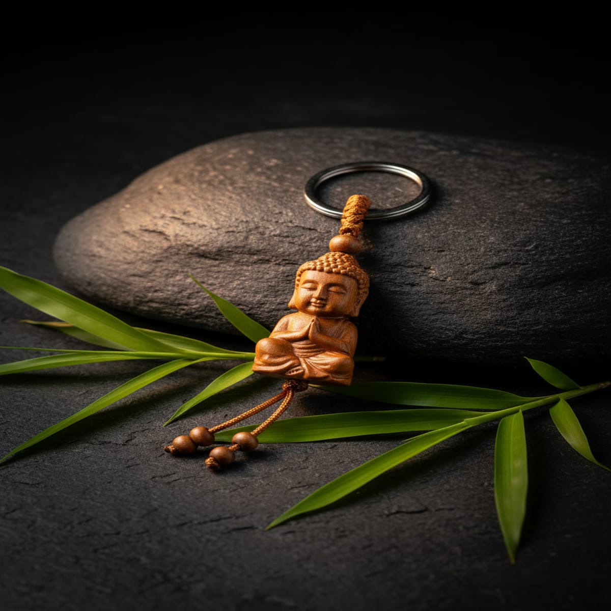 Energetisierter Buddha Schutzanhänger aus Pfirsichholz auf dunklem Stein mit Bambusblättern